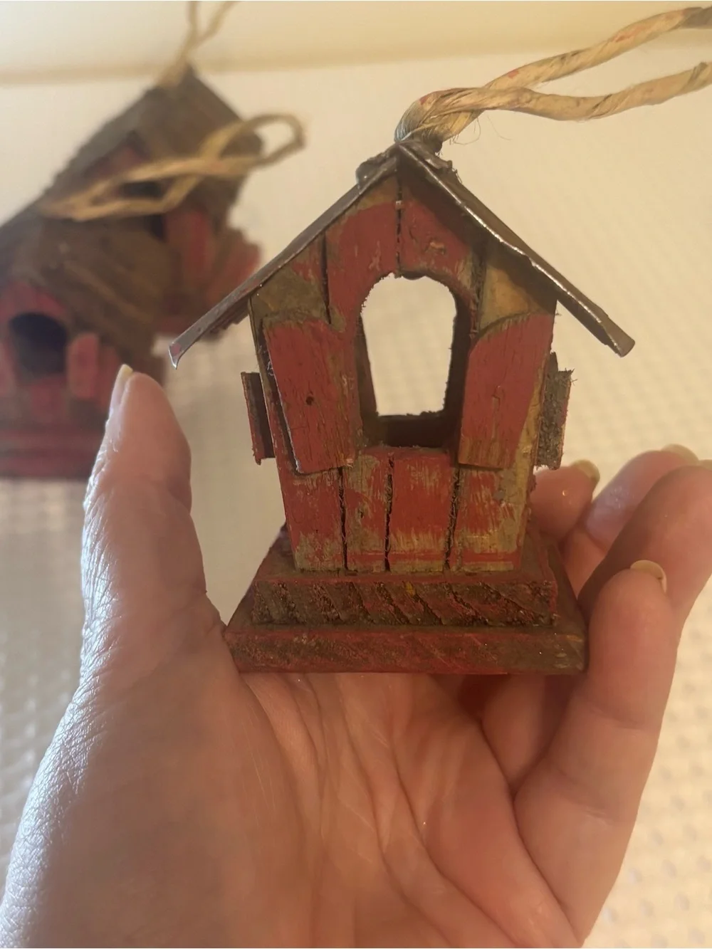 Rustic Primitive Red Wooden Birdhouse Ornaments Metal Roof Set of 6